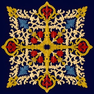 Peut inclure: Un motif symétrique et orné, avec une croix jaune centrale, entourée de filigranes crème. Des accents floraux rouges et des éléments bleus en forme de feuilles sont répartis sur un fond bleu foncé.