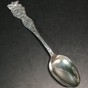 May include: A silver spoon with a detailed handle featuring a Native American chief design. The spoon's bowl is oval-shaped and polished, reflecting light. The handle has intricate carvings and a detailed face.