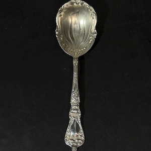 May include: A silver spoon with an ornate floral design on the handle and bowl. The spoon has a long, slender handle with detailed carvings. The bowl is oval-shaped with a decorative border. The spoon is likely made of sterling silver.