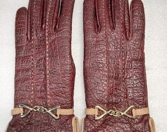 ARIS Faux Pebbled Leather Lined Gloves L Brown Gold Tone Bow
