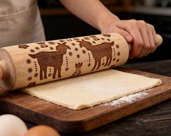 Solid Wood Embossed Rolling Pin | Spiral Pattern Cookie Stamp Tool