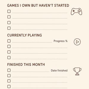 以下が含まれることがあります： ベージュ色のLazy Gamer Backlog Tracker。このトラッカーには、所有しているが開始していないゲーム、現在プレイ中のゲーム、今月完了したゲームのセクションが含まれています。アイコンには、ゲームコントローラー、再生ボタン、トロフィーが含まれています。「私たちは皆、プレイするよりも多くを買う」というテキストがあります。