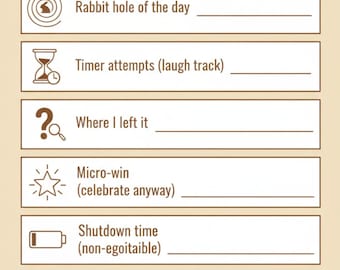 May include: A beige ADHD-ish Day Map with text and icons. The map includes sections for "Rabbit hole of the day," "Timer attempts," "Where I left it," "Micro-win," "Shutdown time," and "Did anything on the list?" The text encourages users to print, try, and celebrate micro-wins.