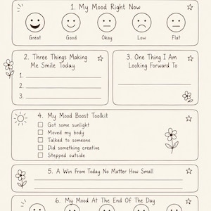 Può includere: Un Daily Mood Boost Planner beige con sezioni per monitorare l'umore, elencare le cose che ti fanno sorridere e annotare i successi. Include suggerimenti per l'autoriflessione e un toolkit per migliorare l'umore. Stile scritto a mano.