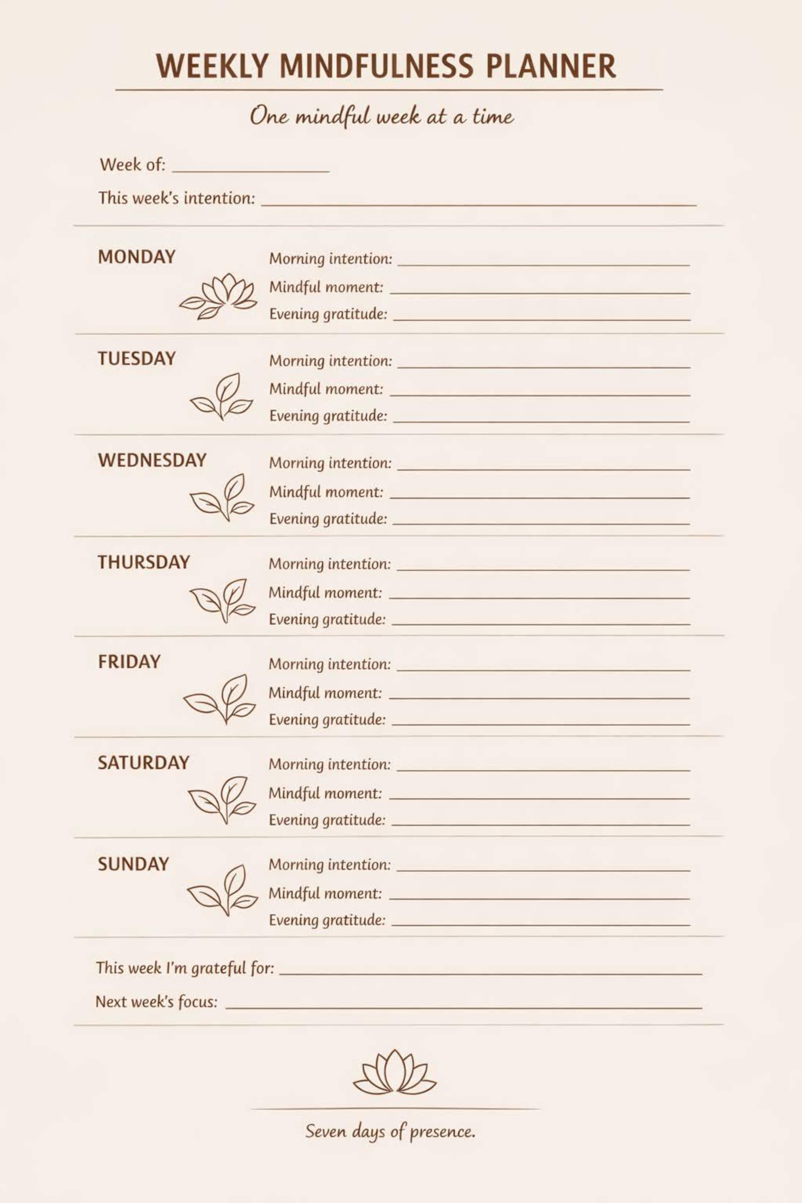 Weekly Mindfulness Planner Printable Weekly Self Care Tracker ...