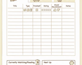 Watch & Read Log | Book, Movie, TV Show Tracker (Printable PDF)