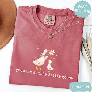 Może przedstawiać: Karmazynowa koszulka z ilustracją dw&oacute;ch gęsi, z kt&oacute;rych jedna trzyma stokrotkę. Pod spodem wydrukowano napis "growing a silly little goose". Srebrny naszyjnik z małą zawieszką jest ułożony na koszulce.
