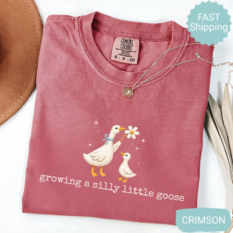 Może przedstawiać: Karmazynowa koszulka z ilustracją dw&oacute;ch gęsi, z kt&oacute;rych jedna trzyma stokrotkę. Pod spodem wydrukowano napis "growing a silly little goose". Srebrny naszyjnik z małą zawieszką jest ułożony na koszulce.