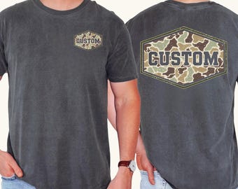 Comfort Colors® Camouflage Custom Shirt, Retro Varsity Dad Tee, Duck Camo Father’s Day Gift, Classic Dad Shirt, Personalized Name Shirt