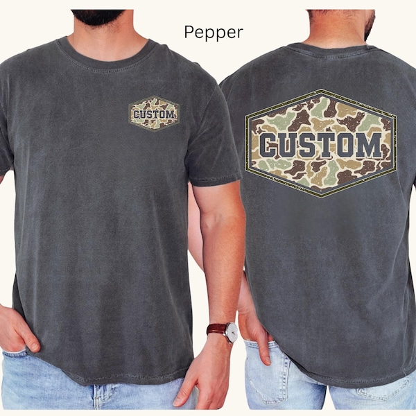 Comfort Colors® Camouflage Custom Shirt, Retro Varsity Dad Tee, Duck Camo Father’s Day Gift, Classic Dad Shirt, Personalized Name Shirt