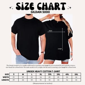 May include: Black unisex heavy cotton t-shirts with a size chart. The chart includes measurements in inches for width and length, ranging from size S to 5XL. The text "SIZE CHART" and "GILDAN 5000" are at the top.