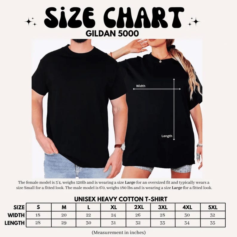 May include: Black unisex heavy cotton t-shirts with a size chart. The chart includes measurements in inches for width and length, ranging from size S to 5XL. The text "SIZE CHART" and "GILDAN 5000" are at the top.
