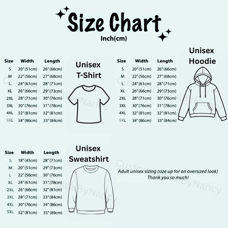 Op de afbeelding: Maattabel voor unisex T-shirts, hoodies en sweatshirts. Afmetingen in inches en centimeters. Inclusief maatdetails voor S, M, L, XL, 2XL, 3XL, 4XL en 5XL. Met illustraties van elk kledingstuk.