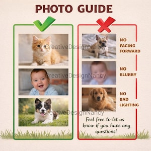 May include: A graphic titled "PHOTO GUIDE" with examples of good and bad photos. The left side shows a kitten, baby, and puppy. The right side shows a dog, blurry baby, and dog with bad lighting. Text: "Feel free to let us know if you have any questions!"