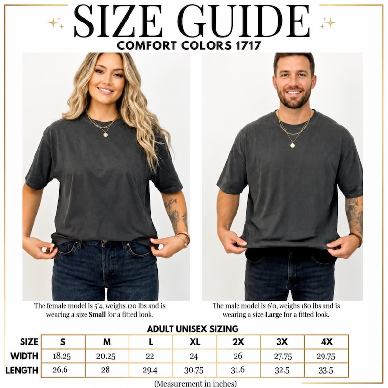 May include: A size guide for Comfort Colors 1717 t-shirts featuring two individuals wearing charcoal grey short-sleeve shirts. The chart displays adult unisex sizing with width and length measurements in inches ranging from size S to 4X.