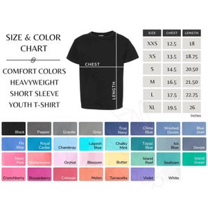 May include: Black youth t-shirt with a size and color chart. The chart lists chest and length measurements in inches for sizes XXS to XL. Color options include black, blue, pink, and green.