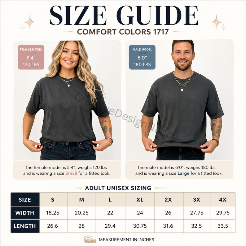 Puede incluir: Una gu&iacute;a de tallas para camisetas Comfort Colors 1717 con dos modelos vistiendo camisetas gris oscuro. La tabla muestra tallas unisex para adultos con medidas de ancho y largo en pulgadas desde la S hasta la 4X, incluyendo datos de modelos.