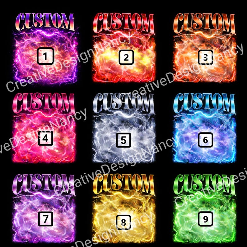 May include: Nine custom designs with a lightning bolt effect in various colours. Each design features the word "CUSTOM" in a metallic font above a square of electric energy. Colours include purple, red, orange, pink, silver, blue, gold, and green.