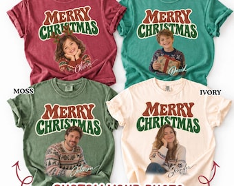 Comfort Colors® Custom Photo Family Christmas Shirt Personalized Name Portrait Tee Matching Holiday T Shirt Xmas Gift for Mom Dad Kids