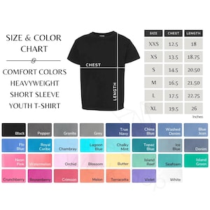 May include: Black youth t-shirt with a size and color chart. The chart lists chest and length measurements in inches for sizes XXS to XL. Color options include black, blue, pink, and green.
