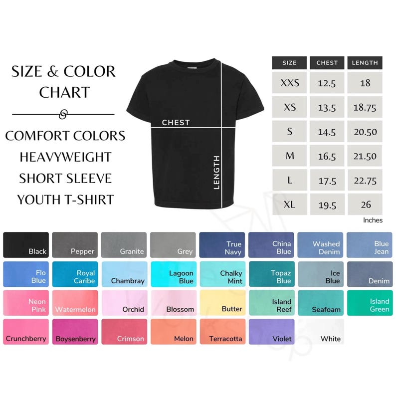 May include: Black youth t-shirt with a size and color chart. The chart lists chest and length measurements in inches for sizes XXS to XL. Color options include black, blue, pink, and green.