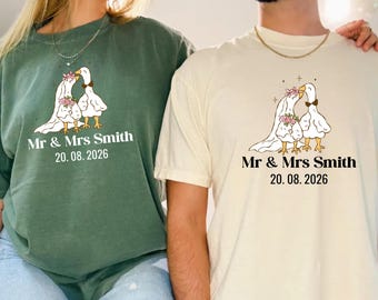 Comfort Colors® Braut- und Bräutigam-Shirt, benutzerdefiniertes Silly Goose Bride-T-Shirt, personalisiertes Jahrestags-Hochzeitsdatum-Geschenk, Hochzeitsfeier-Shirt