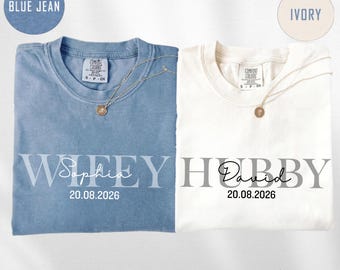 Comfort Colors® Personalisierte Wifey Hubby Shirt, Benutzerdefinierte Familienname T-Shirt, Mr & Mrs Paar Shirt, Valentinstag Hochzeitstag Geschenk