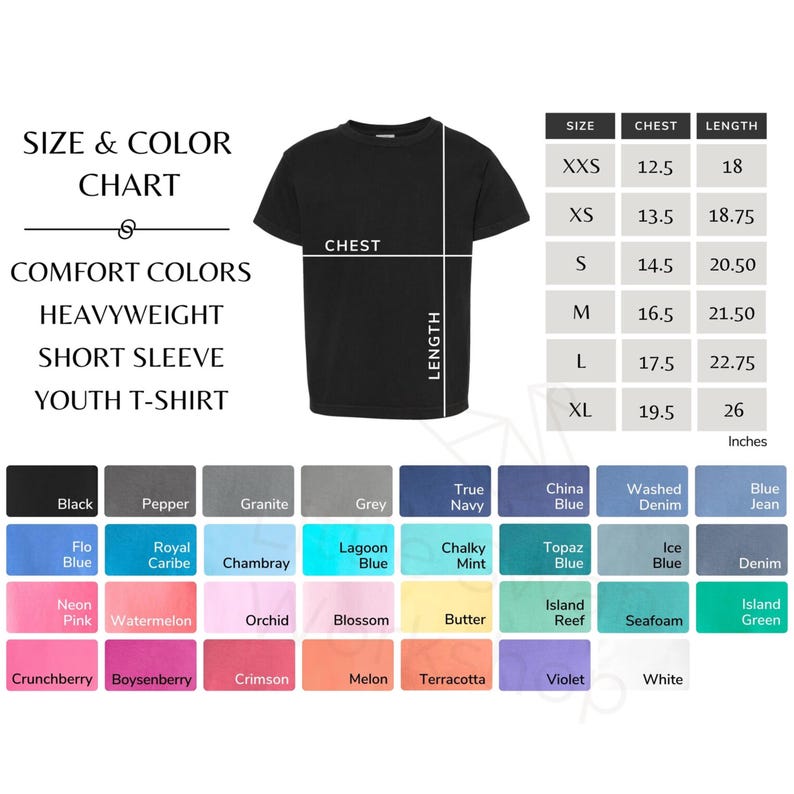 May include: Black youth t-shirt with a size and color chart. The chart includes chest and length measurements in inches. Color options include black, navy, and blue denim. The shirt is a short-sleeve, heavyweight tee.