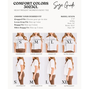Puede incluir: Gu&iacute;a de tallas para una camiseta boxy de mujer Comfort Colors. La gu&iacute;a muestra diferentes tallas: cropped, loose crop, baggy y ultra-baggy, con medidas en cm. Tambi&eacute;n se proporcionan las medidas de la modelo: 163cm, 54kg, 86cm de pecho, 67cm de cintura y 97cm de cadera.
