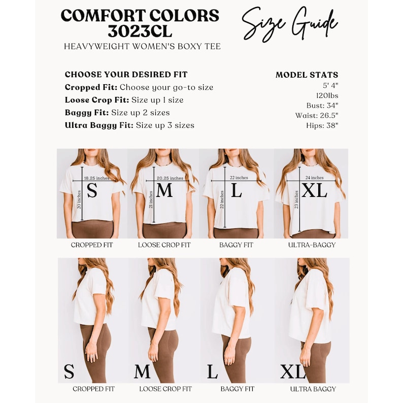 Puede incluir: Gu&iacute;a de tallas para una camiseta boxy de mujer Comfort Colors. La gu&iacute;a muestra diferentes tallas: cropped, loose crop, baggy y ultra-baggy, con medidas en cm. Tambi&eacute;n se proporcionan las medidas de la modelo: 163cm, 54kg, 86cm de pecho, 67cm de cintura y 97cm de cadera.