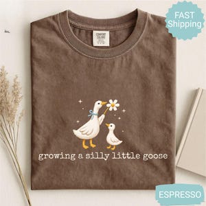 Może przedstawiać: Koszulka w kolorze espresso z fantazyjną ilustracją dw&oacute;ch gęsi. Jedna gęś trzyma stokrotkę, a pod spodem wydrukowano napis "growing a silly little goose". Wykonana z materiału Comfort Colors.