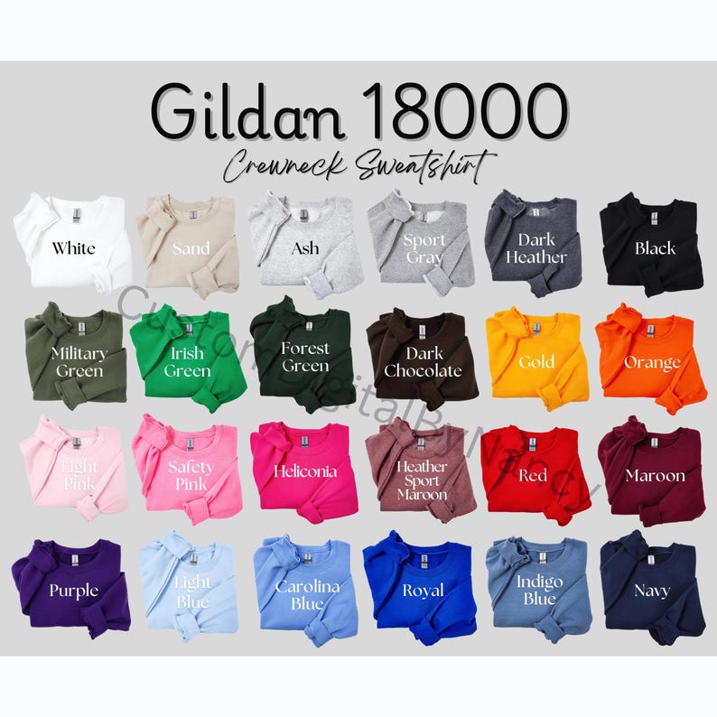 Op de afbeelding: Een display van Gildan 18000 crewneck sweatshirts in diverse kleuren, waaronder wit, zwart en tinten groen, roze en blauw. De tekst "Gildan 18000 Crewneck Sweatshirt" staat bovenaan, met kleurnamen onder elk sweatshirt.