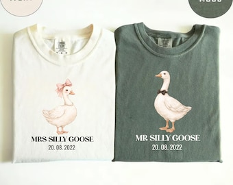 Comfort Colors® Mr and Mrs Silly Goose シャツ、お揃いの新婚カップル スウェットシャツ、ハネムーン T シャツ、夫婦セーター、面白いウェディングギフト