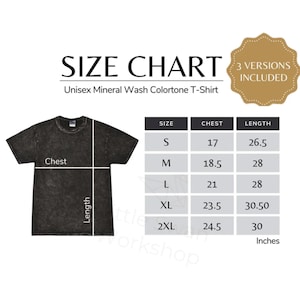 May include: A size chart for a Unisex Mineral Wash Colortone T-Shirt. The chart includes chest and length measurements in inches for sizes S, M, L, XL, and 2XL. The image also shows a dark gray t-shirt.