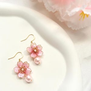 Cherry Blossom Earrings, Sakura Resin Earrings, Hypoallergenic Dangle, Japanese Style Jewelry