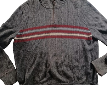 Sudadera vintage Eddie Bauer para hombre, talla grande, gris, con cremallera de 1/4, cuello alto y rayas.