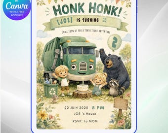 Trash Truck Birthday Invitation Template Canva, Editable Kids Birthday Invitation, Honk Honk Birthday Party Invite, Instant Download