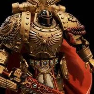 May include: A golden figurine of a warrior in detailed armour, including a helmet, shoulder pads, and chest plate with an eagle emblem. The figure holds a red and gold weapon against a dark backdrop.