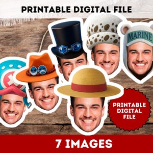 May include: Printable digital file featuring seven images of a smiling person with various hats. The hats include a top hat, a straw hat with a red band, and hats with cartoon designs. The text "Printable Digital File" and "7 Images" are also visible.
