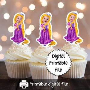 May include: Three cupcakes with white frosting and pearl sprinkles, each topped with a princess-themed image. The princess wears a purple dress and has long blonde hair. The text "Digital Printable file" is visible on the image.