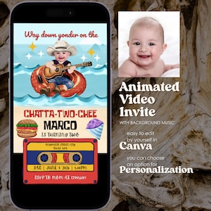 Puede incluir: Invitación digital en pantalla de smartphone. El diseño presenta un dibujo animado de un bebé tocando la guitarra en un flotador. El texto incluye "Chatta-Two-Chee Marco Is Turning Two" y detalles del evento. Foto de bebé en la esquina.