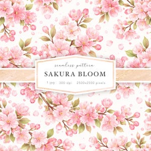 Seamless Sakura Cherry Blossom Pattern PNG, Spring Floral Digital Paper, Pink Japanese Blossom Background, Repeat Pattern for Sublimation