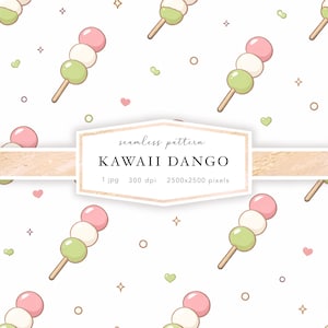 Może przedstawiać: Bezszwowy wzór z kawaii dango, japońskim deserem. Projekt zawiera różowe, białe i zielone kulki dango na drewnianych patyczkach, wraz z sercami, gwiazdami i okręgami na białym tle. Tekst "KAWAII DANGO" jest również obecny.
