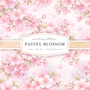 May include: A seamless pattern featuring pastel pink cherry blossoms. The design includes clusters of flowers, buds, and falling petals. The text "PASTEL BLOSSOM" is displayed on a white and gold banner, along with image details.