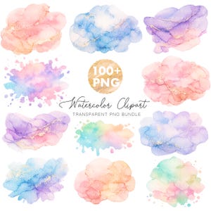 Może przedstawiać: Kolekcja elementów clipart akwarelowych w różnych pastelowych kolorach, w tym różowym, niebieskim, fioletowym i brzoskwiniowym, ze złotymi akcentami. Obraz zawiera tekst "100+ PNG" i "Watercolor Clipart, Transparent PNG Bundle."