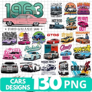May include: A selection of car designs in PNG format. The designs feature a pink Ford Galaxie 500, a blue hot rod, and other car models with text such as "1963", "GT86", and "Nissan GTR". The image also includes the text "Cars Designs 130 PNG".