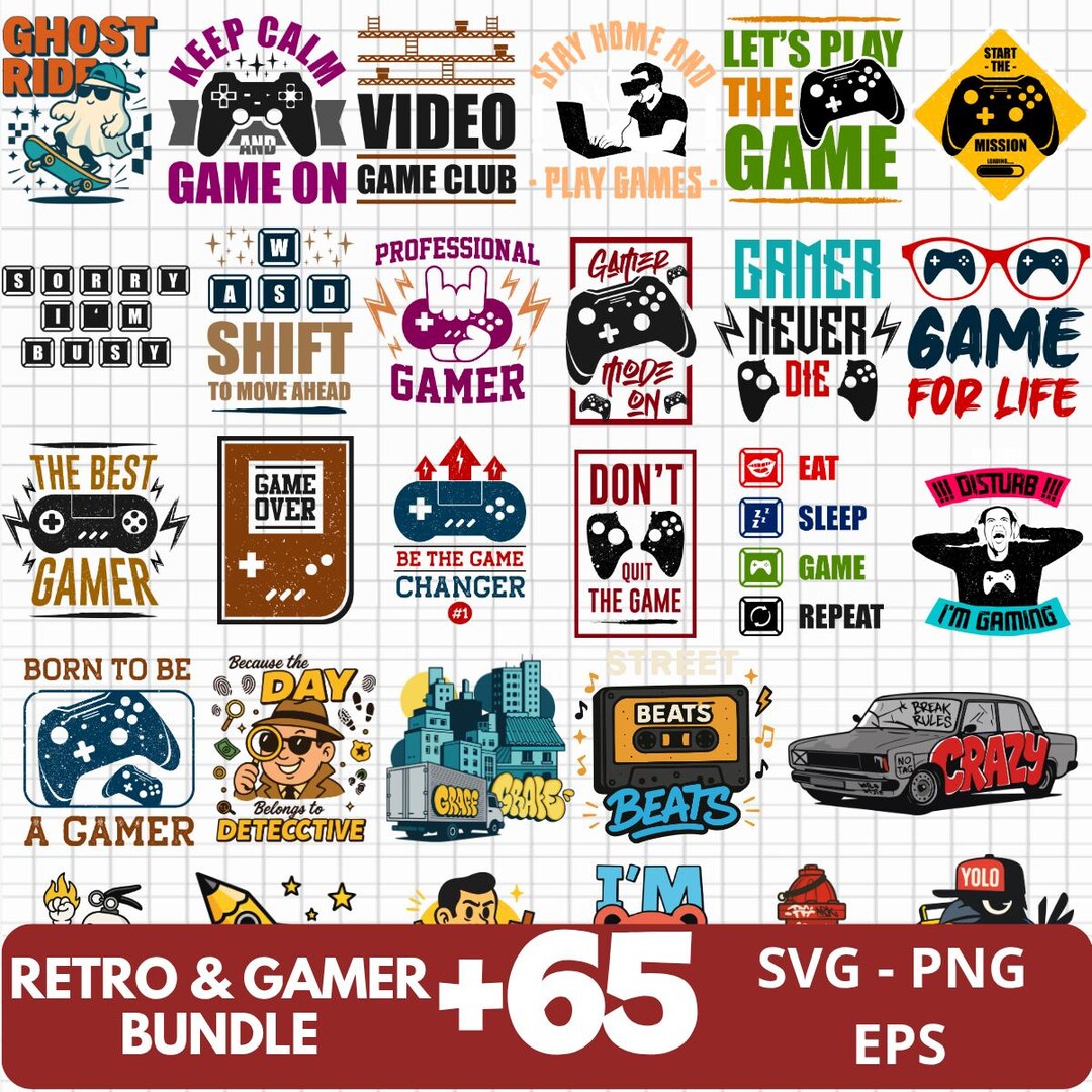 65 Gamer SVG Bundle, Retro Video Game Shirt Designs for Cricut - Etsy