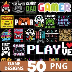 Könnte beinhalten: Eine Sammlung von 50 PNG-Spieldesigns auf schwarzem Hintergrund. Die Designs umfassen verschiedene spielbezogene Grafiken, wie z. B. Controller, Texte wie "Gamer", "Game Over" und "Retro Game" sowie andere Elemente zum Thema Gaming.