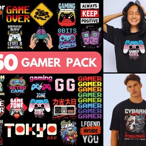May include: A collection of gamer-themed designs, including controller graphics, text like "Game Over," and "Gamer Girl," and the phrase "50 Gamer Pack." The designs are on black t-shirts and individual graphics.