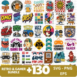 May include: A bundle of retro and gamer-themed SVG and PNG graphics. The designs feature phrases such as "Game On," "Retro Gamer," and "The 90s Vibe," alongside illustrations of a cat, penguin, and game controllers. The bundle includes over 130 designs.